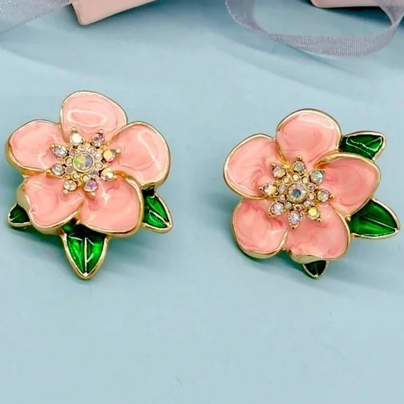 Pink, Orange, Green Glazed, Glossy, Enamel, Crystal Flower Shaped Stud Earrings - Picture 2 of 6